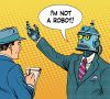 Comic-Szene: Ein Roboter in einem Anzug spricht zu einem Reporter