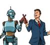 Zeichnung zeigt Roboter und Geschäftsmann, die mit Bierflaschen anstoßen