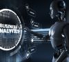 Roboter steht vor Symbol mit der Aufschrift Business Analytics